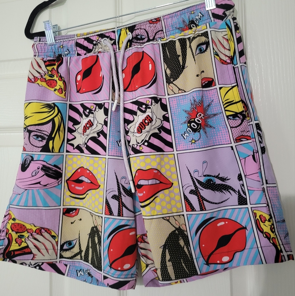 Oh Snap! Drill Clothing Co. Comic Book Men’s Swim Shorts- Size Large Lined